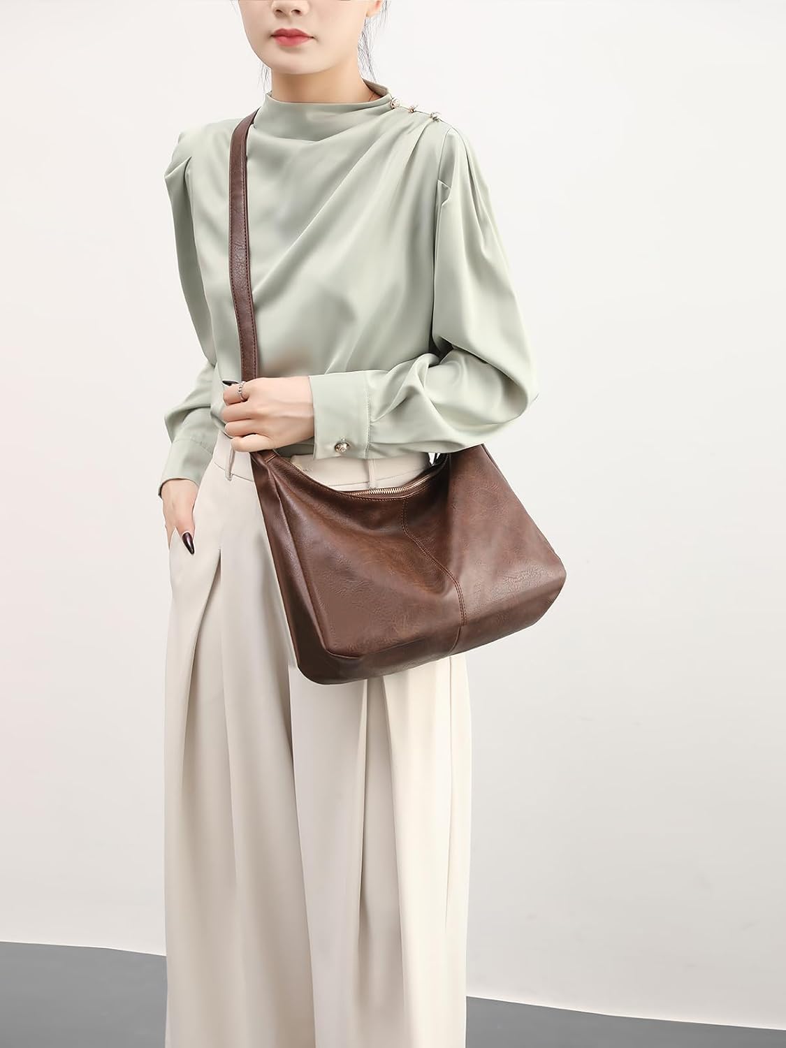 NIUEIMEE ZHOU Bolsos Hobo para mujer Bolso de hombro de cuero vegan...