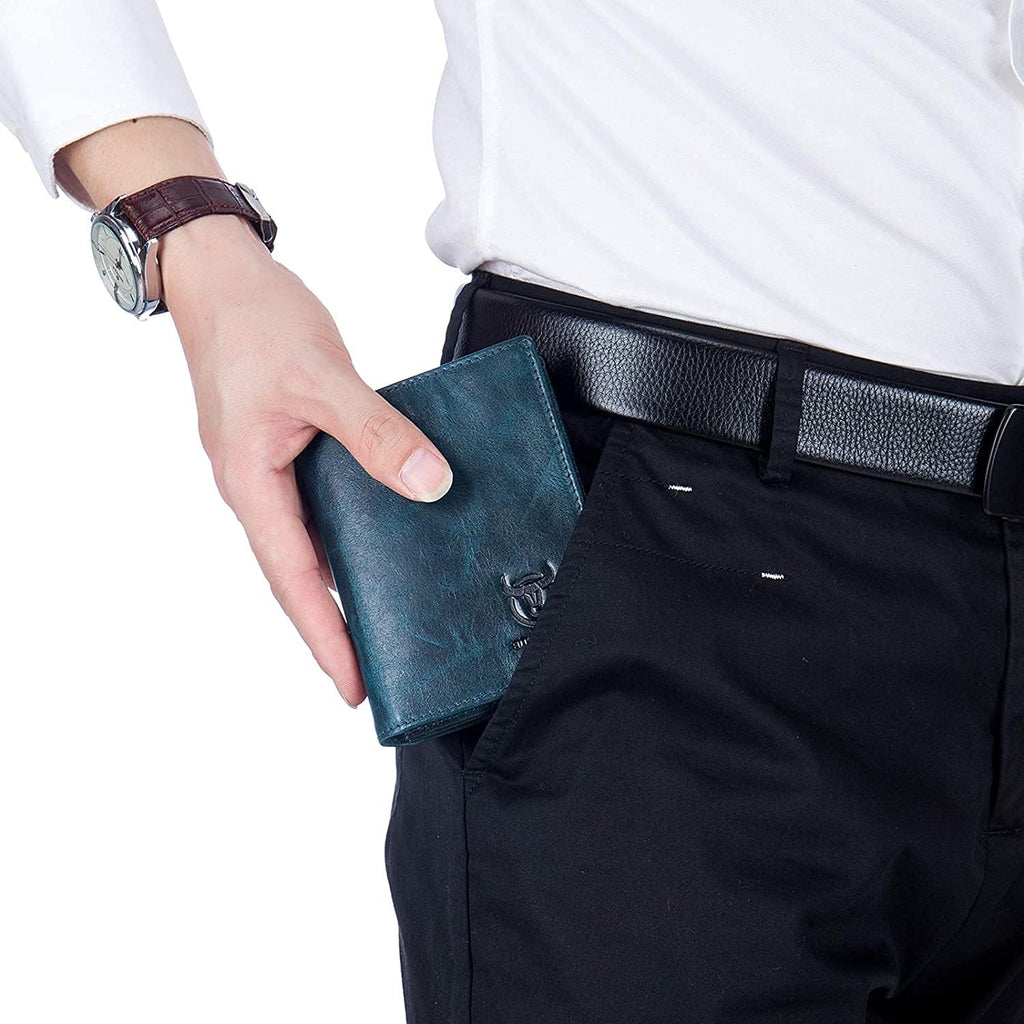 BULLCAPTAIN Cartera de cuero genuino plegable de gran capacidad par...