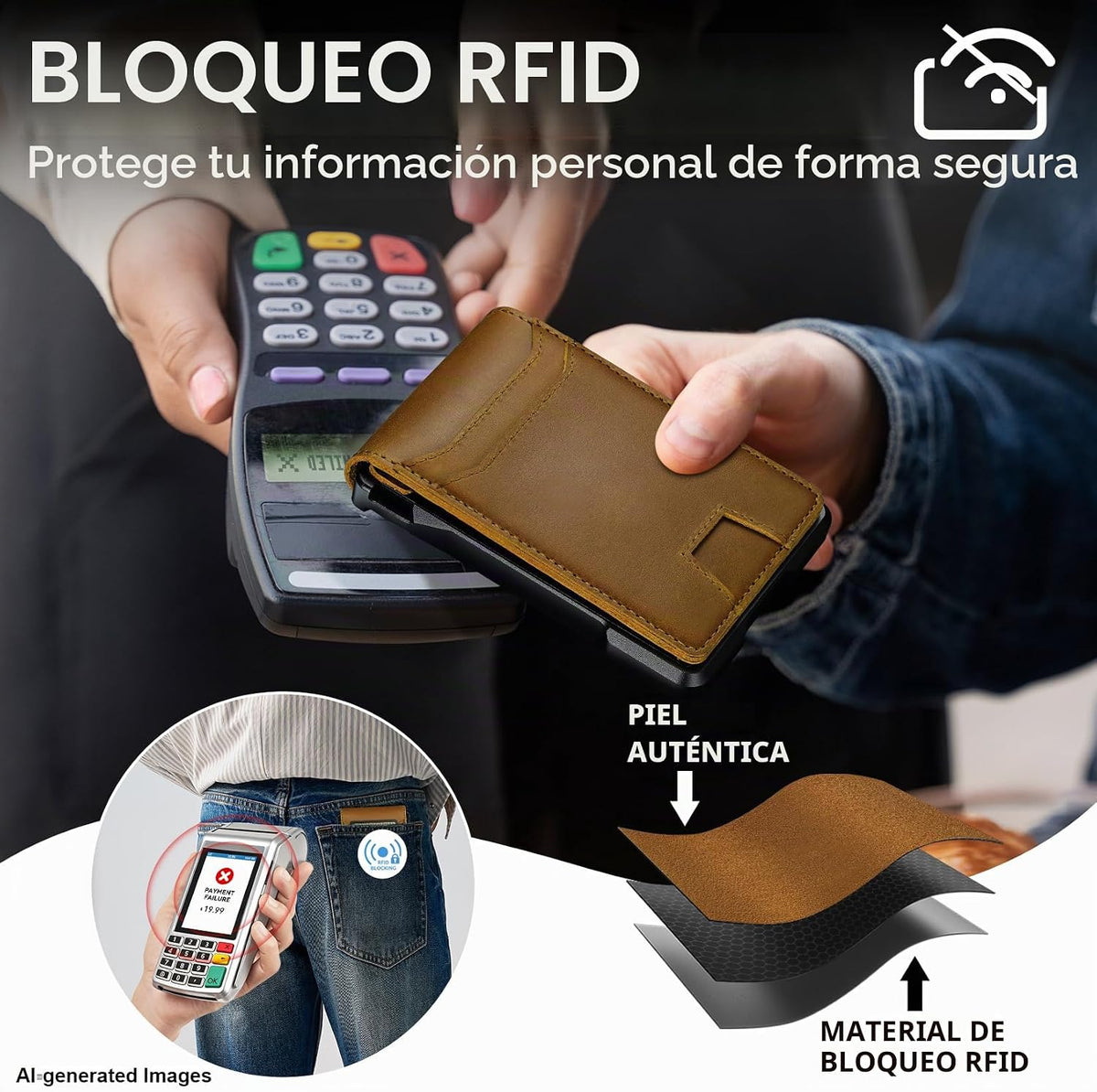 furid Cartera de cuero genuino para hombres: billetera minimalista...