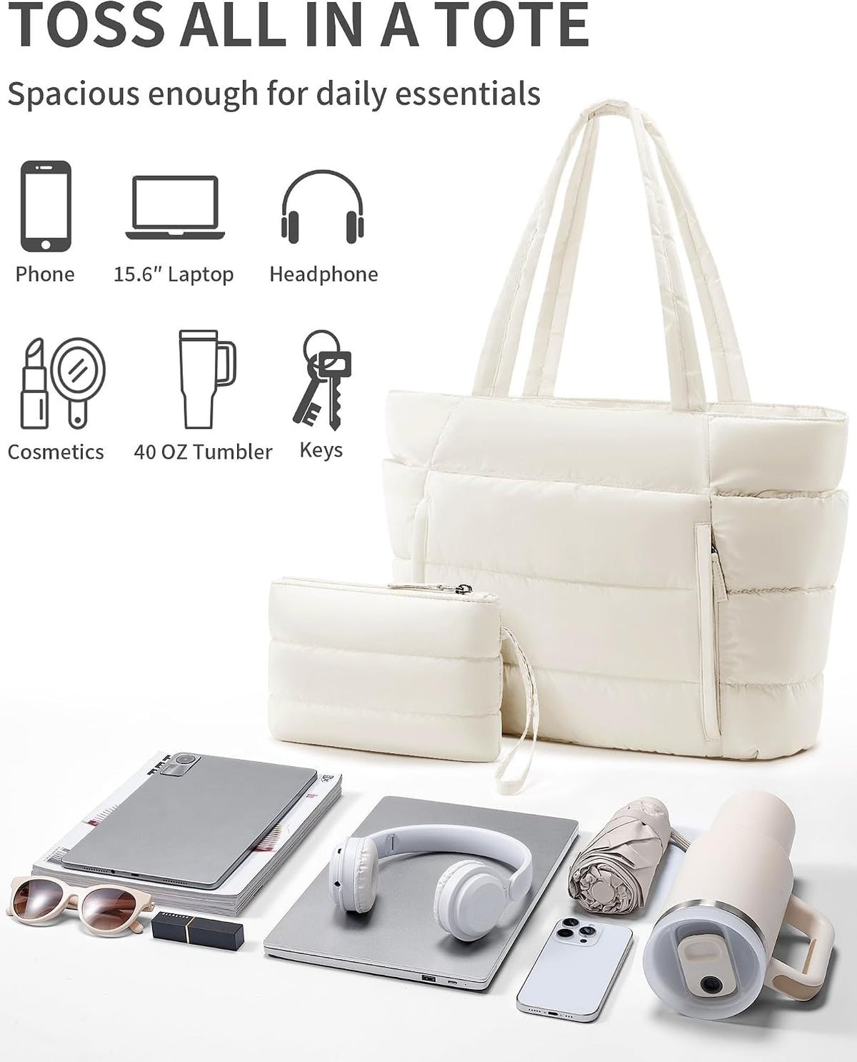 Bolsa Tote Acolchada para Mujeres, Bolsa de Mano de Trabajo Ligera...