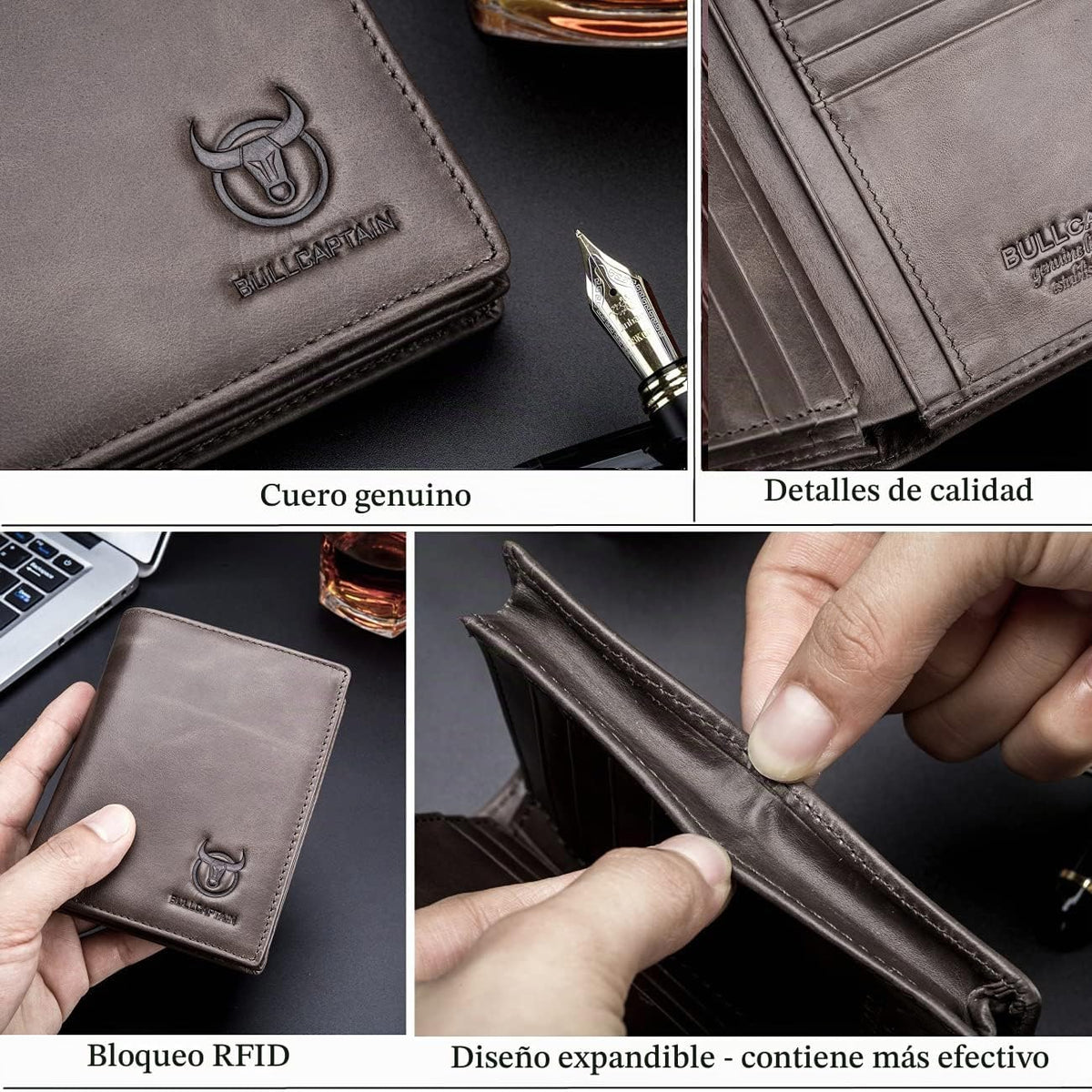 BULLCAPTAIN Cartera de cuero genuino plegable de gran capacidad par...