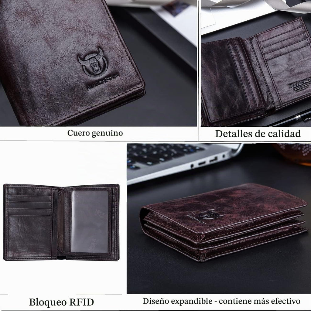 BULLCAPTAIN Cartera de cuero genuino plegable de gran capacidad par...
