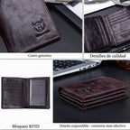 BULLCAPTAIN Cartera de cuero genuino plegable de gran capacidad par...