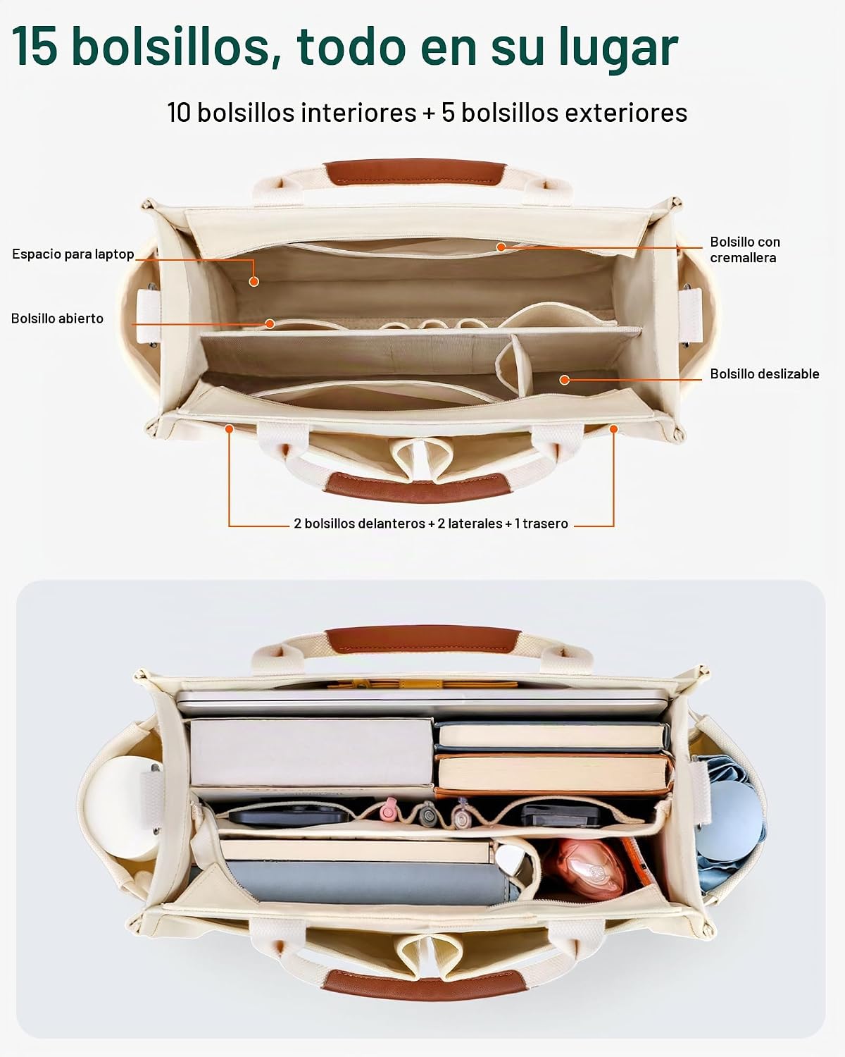 FIORETTO Bolso de lona para mujer con compartimento individual, par...