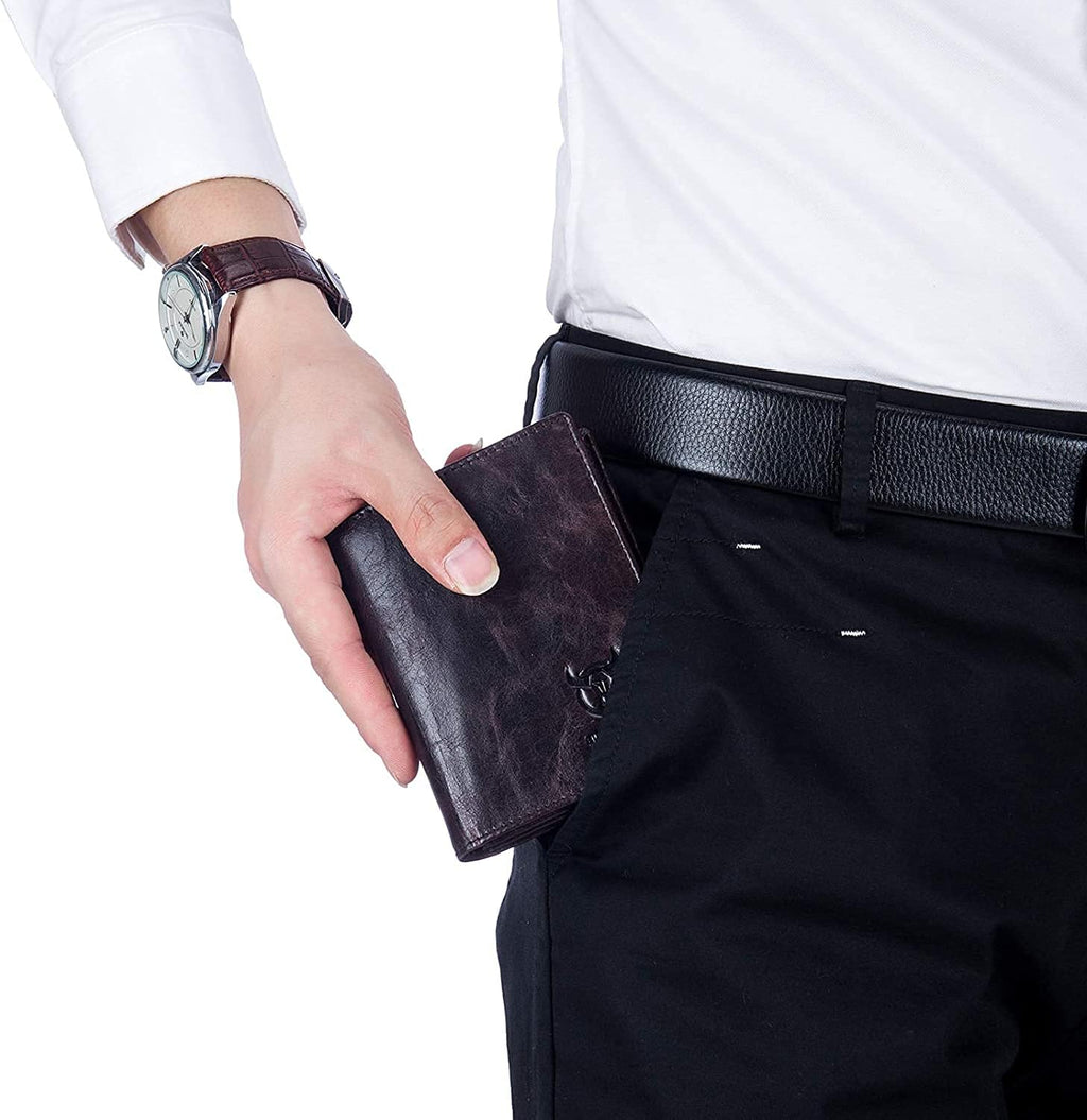 BULLCAPTAIN Cartera de cuero genuino plegable de gran capacidad par...