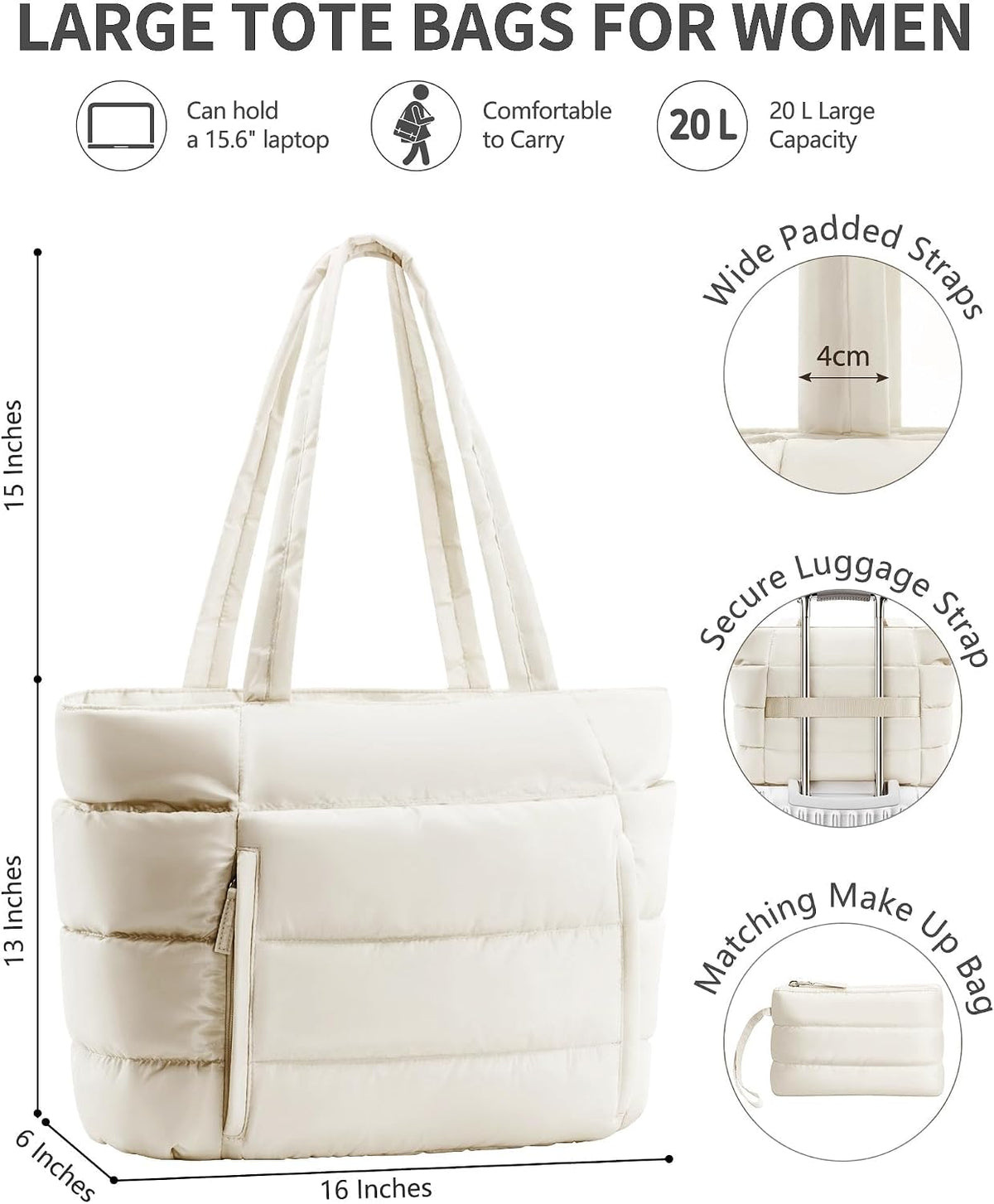 Bolsa Tote Acolchada para Mujeres, Bolsa de Mano de Trabajo Ligera...