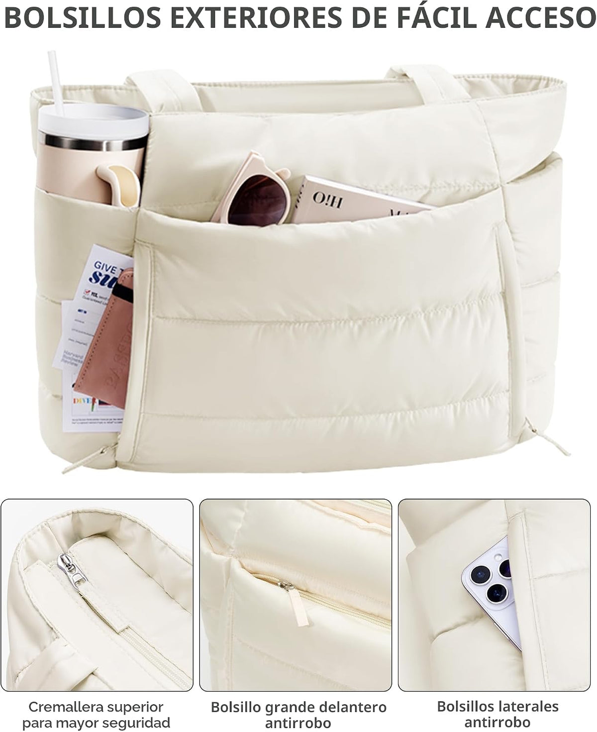 Bolsa Tote Acolchada para Mujeres, Bolsa de Mano de Trabajo Ligera...