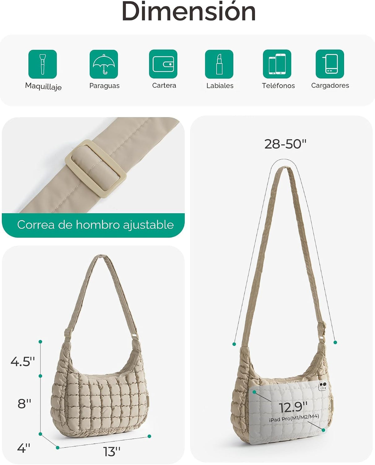 Bolso cruzado tipo hobo de BAGSMART para mujer, bolsos acolchados y...