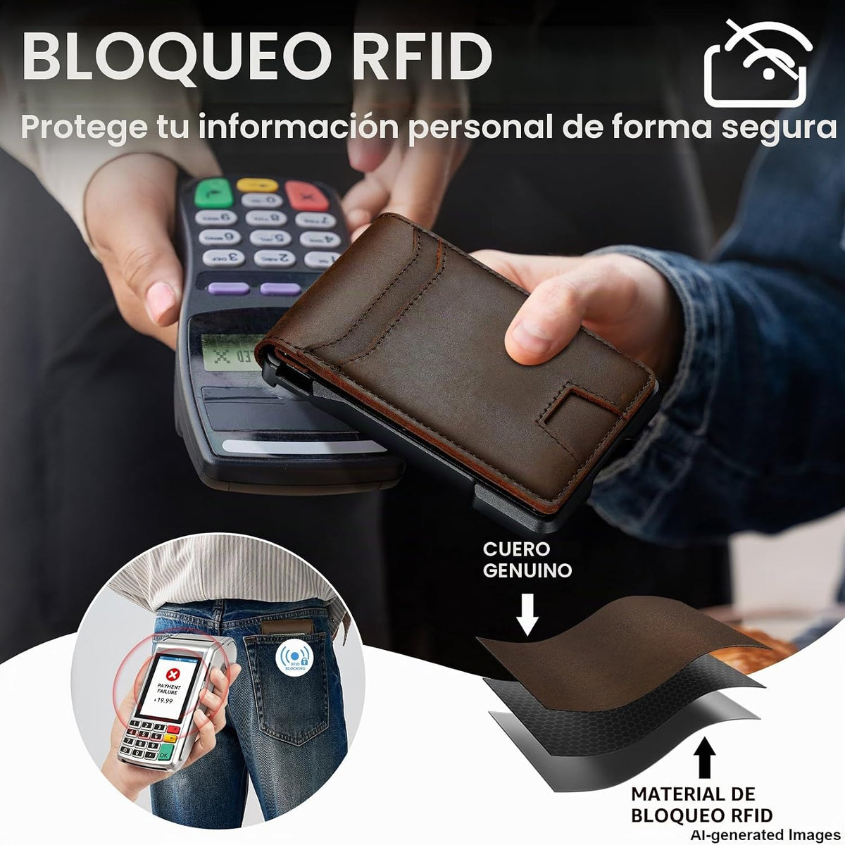 furid Cartera de cuero genuino para hombres: billetera minimalista...