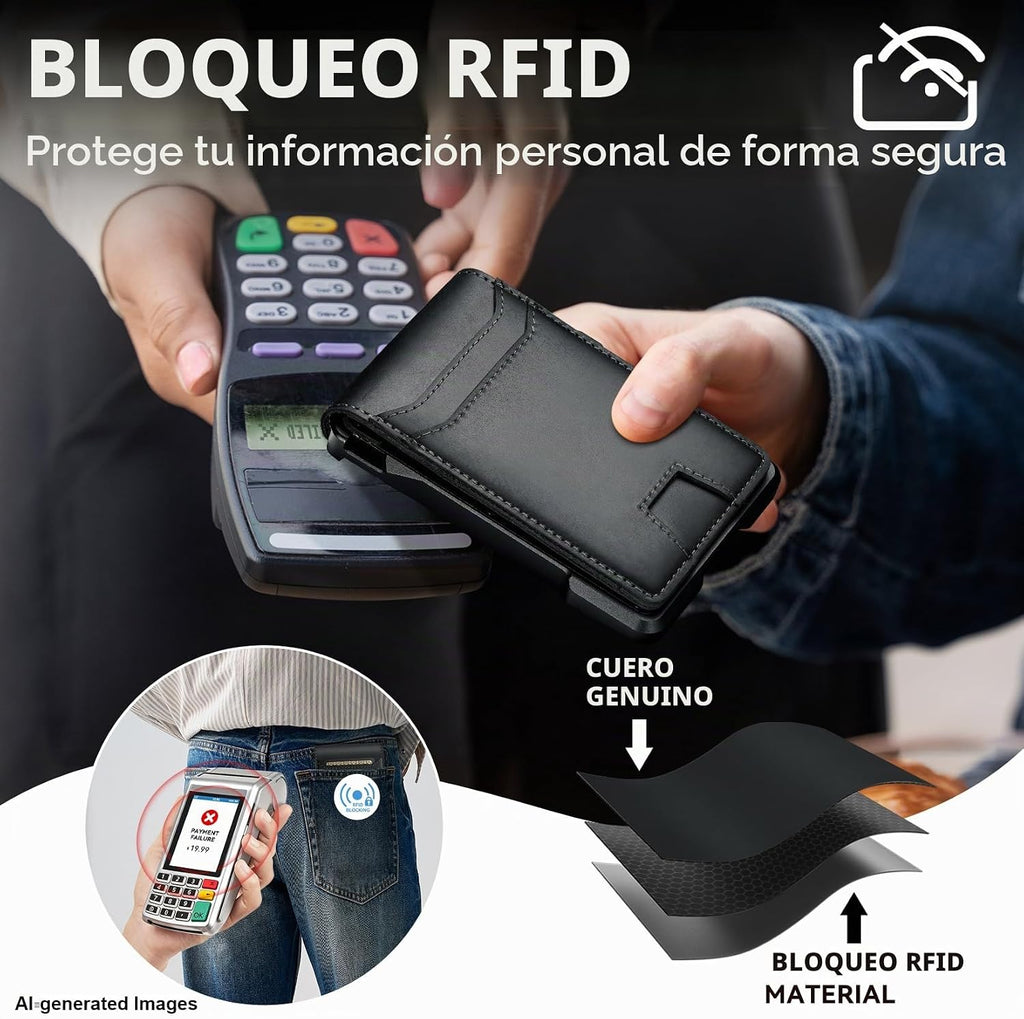 furid Cartera de cuero genuino para hombres: billetera minimalista...