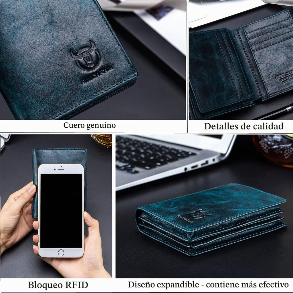 BULLCAPTAIN Cartera de cuero genuino plegable de gran capacidad par...