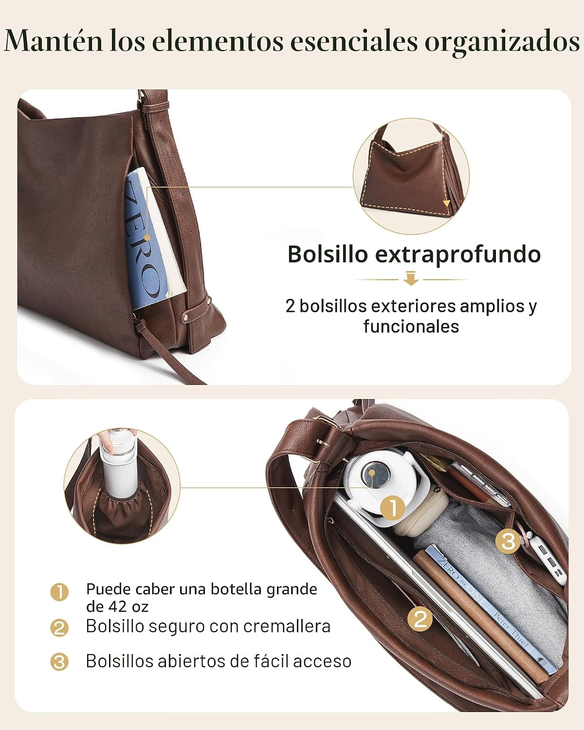 Missnine Bolso Hobo para mujer, bolso de mano de diseñador de cuero...