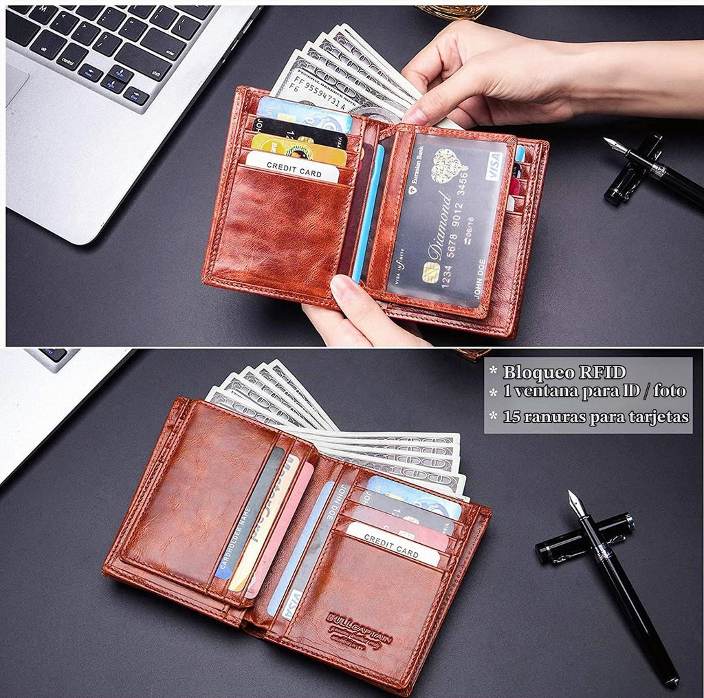 BULLCAPTAIN Cartera de cuero genuino plegable de gran capacidad par...