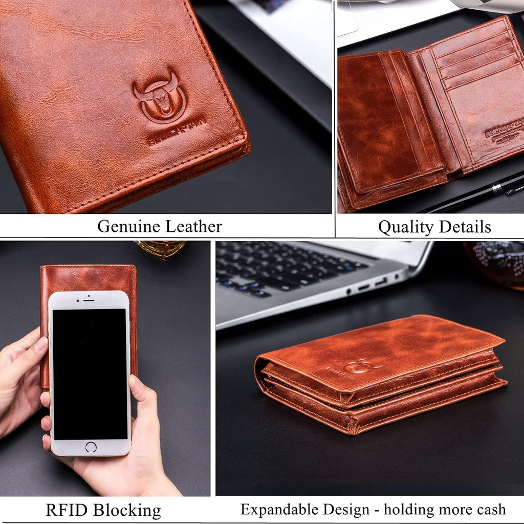 BULLCAPTAIN Cartera de cuero genuino plegable de gran capacidad par...