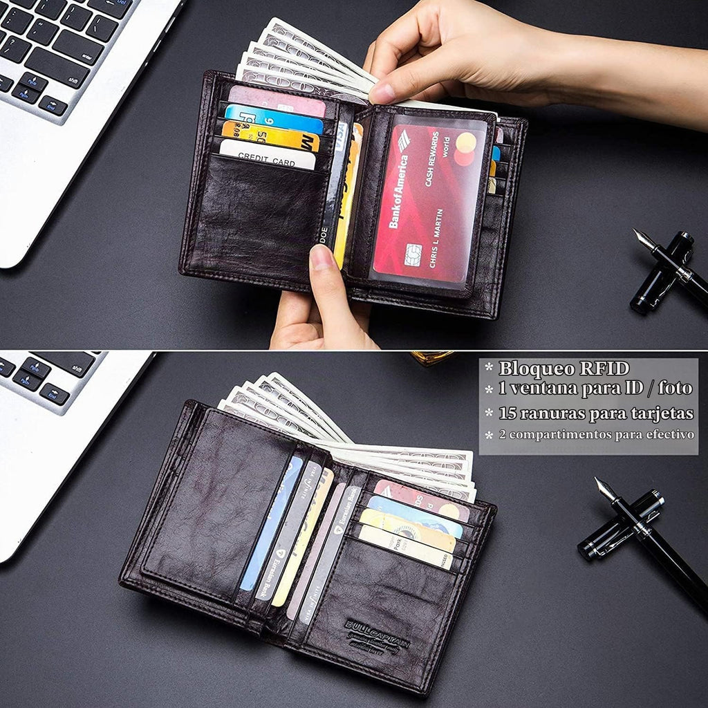 BULLCAPTAIN Cartera de cuero genuino plegable de gran capacidad par...