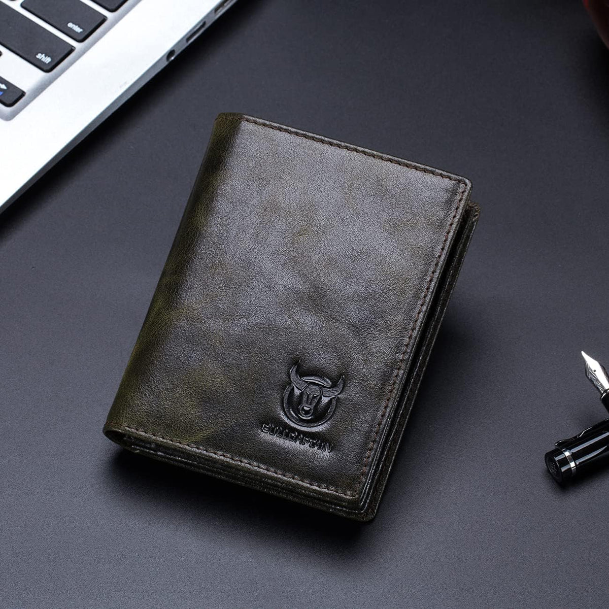 BULLCAPTAIN Cartera de cuero genuino plegable de gran capacidad par...