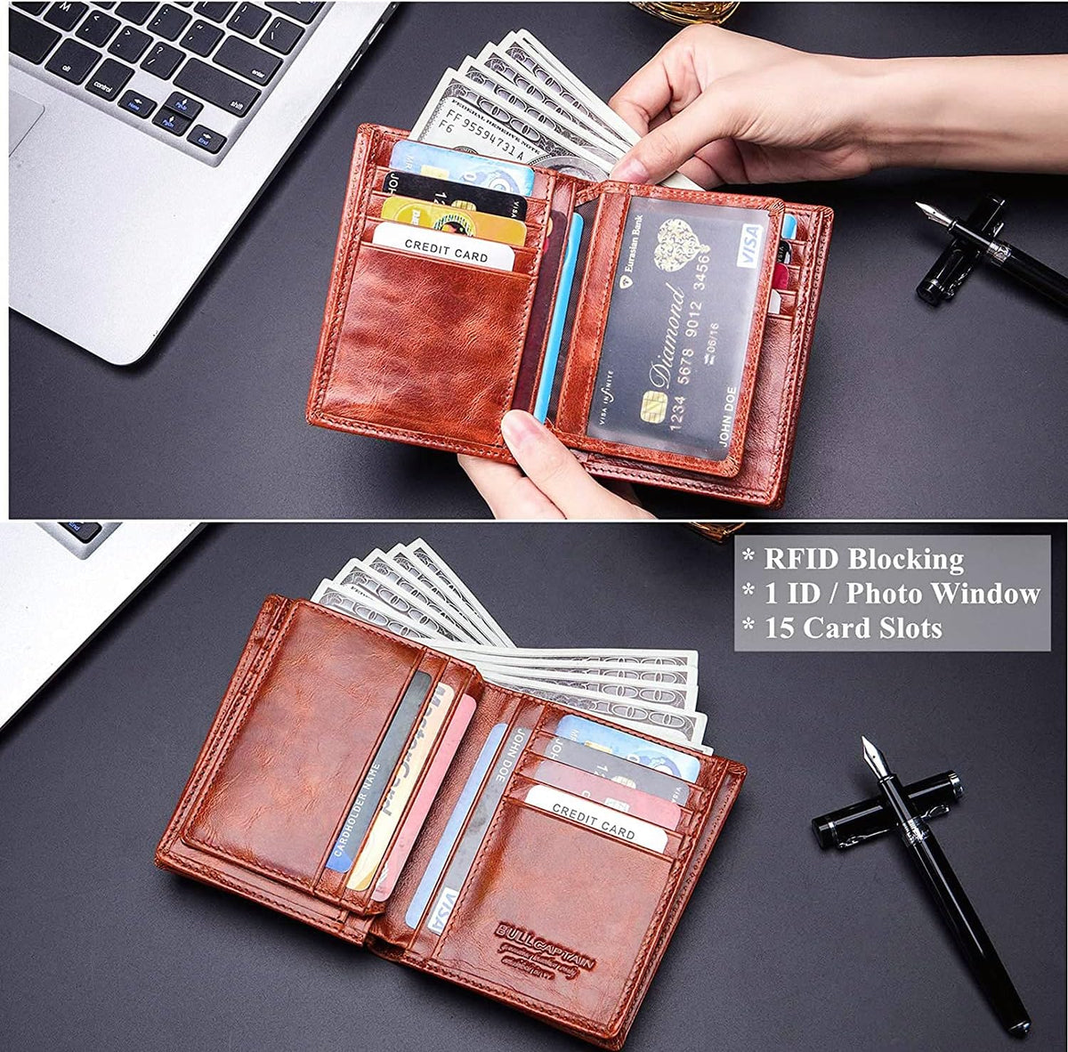 BULLCAPTAIN Cartera de cuero genuino plegable de gran capacidad par...