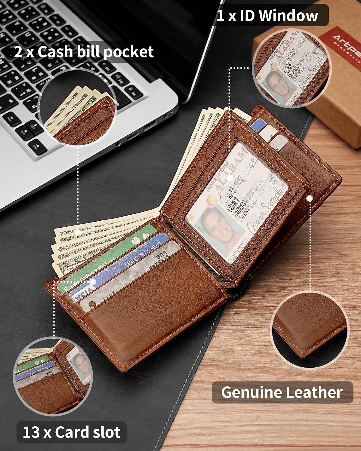 Cartera Artpaxy para hombre de cuero genuino plegable con bloqueo R...