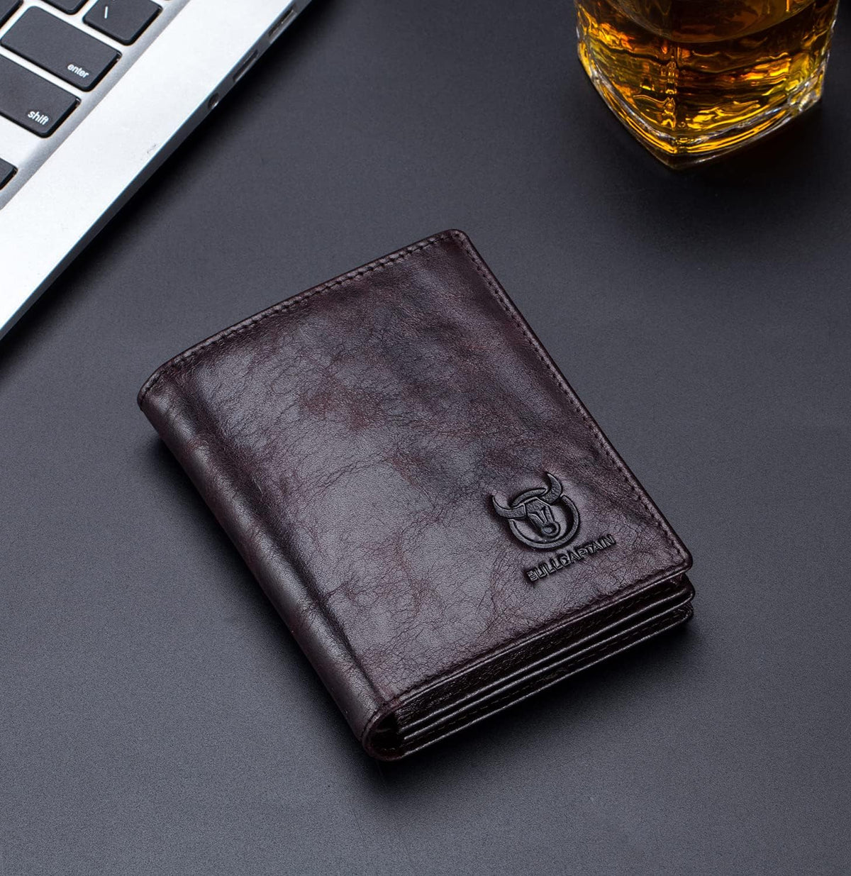 BULLCAPTAIN Cartera de cuero genuino plegable de gran capacidad par...