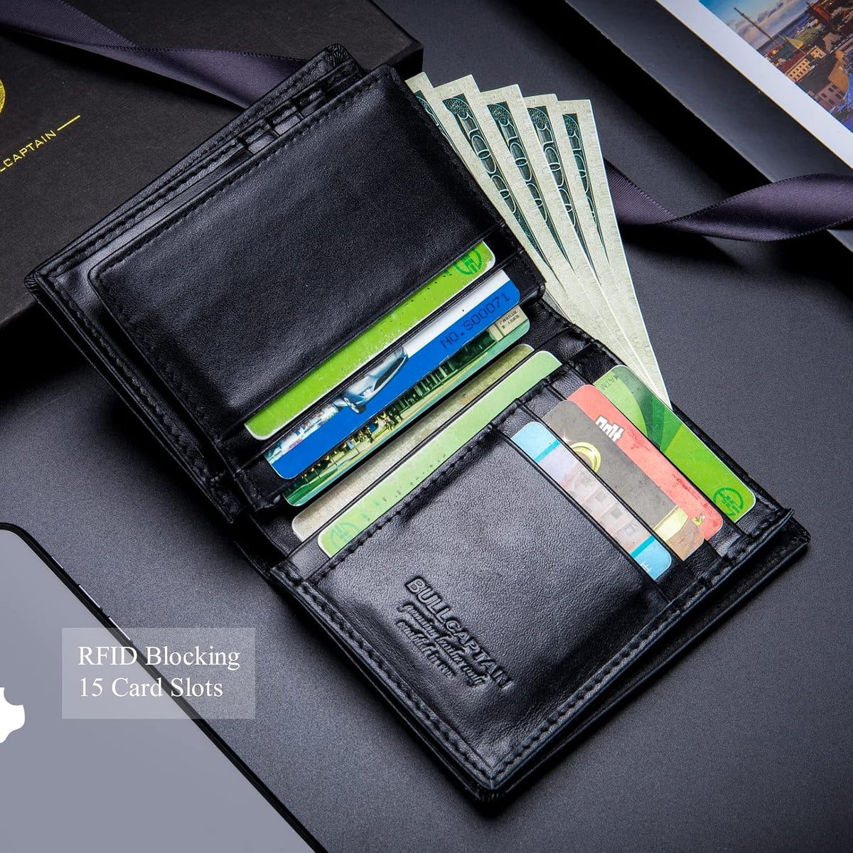 BULLCAPTAIN Cartera de cuero genuino plegable de gran capacidad par...