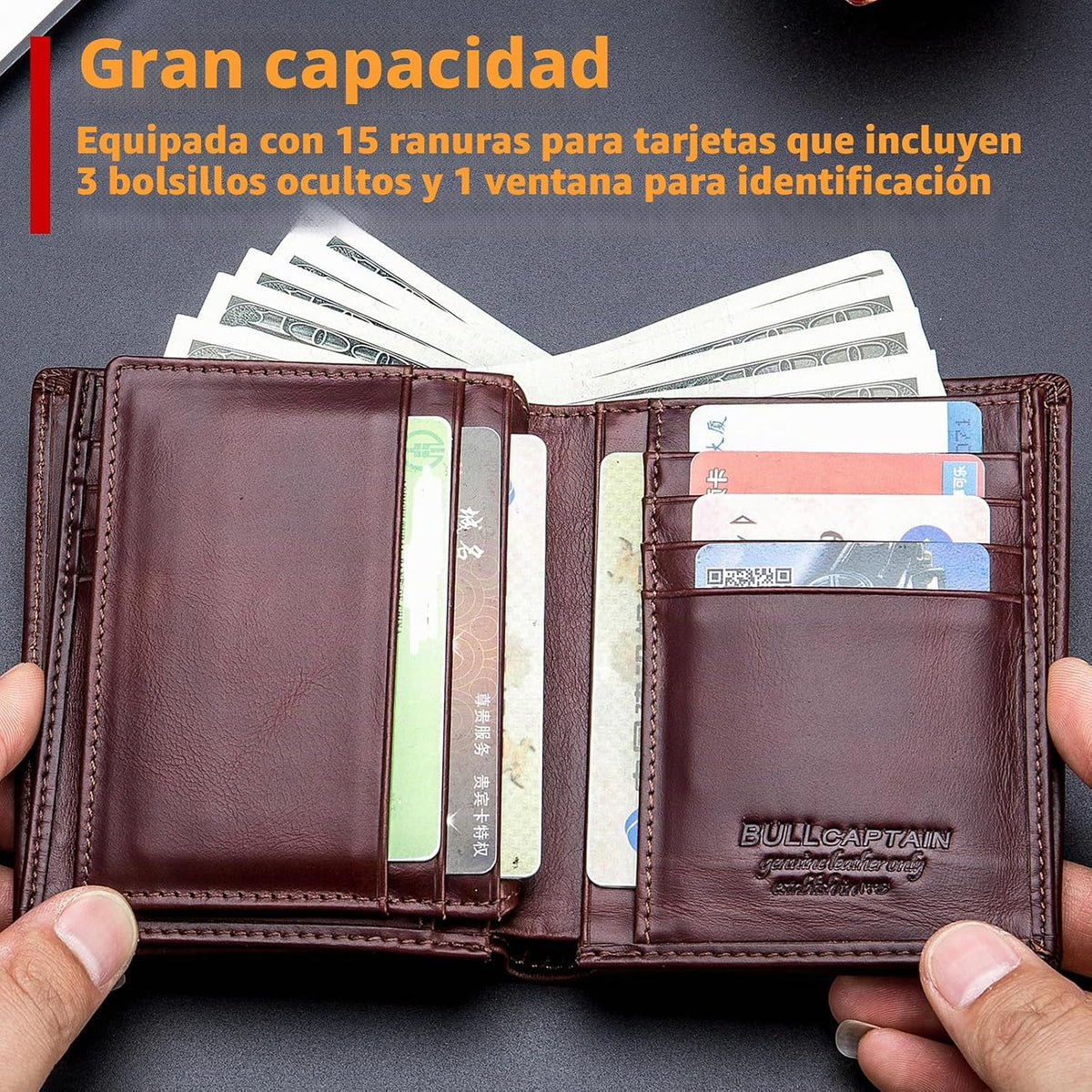 BULLCAPTAIN Cartera de cuero genuino plegable de gran capacidad par...