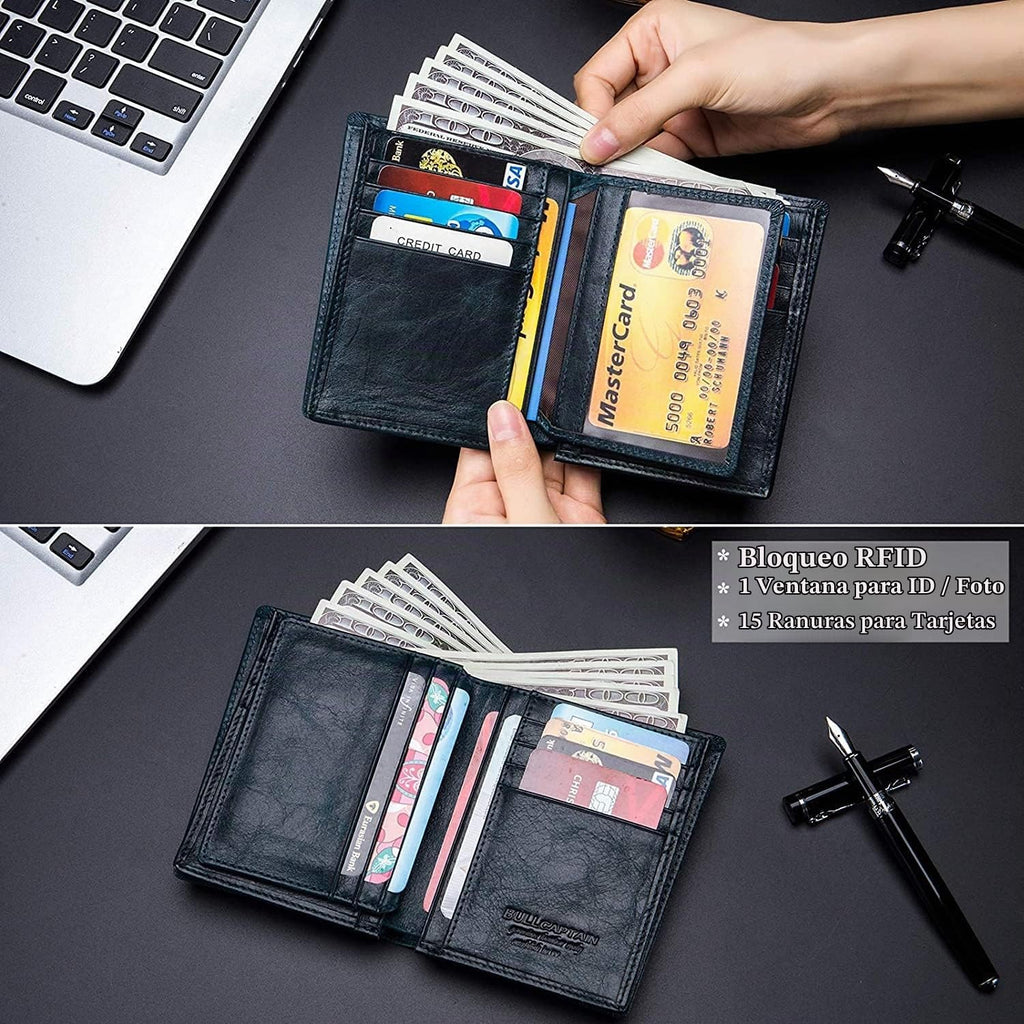 BULLCAPTAIN Cartera de cuero genuino plegable de gran capacidad par...
