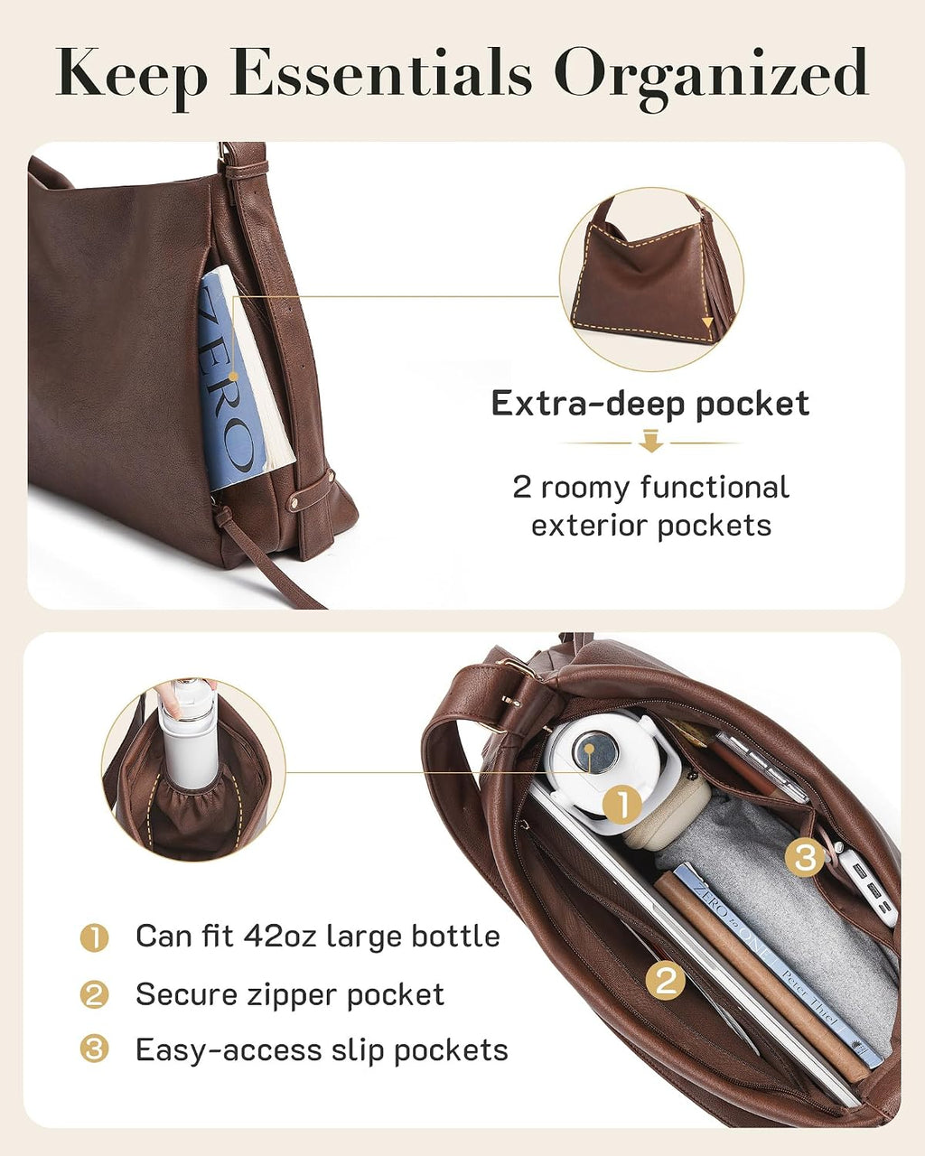 Missnine Bolso Hobo para mujer, bolso de mano de diseñador de cuero...
