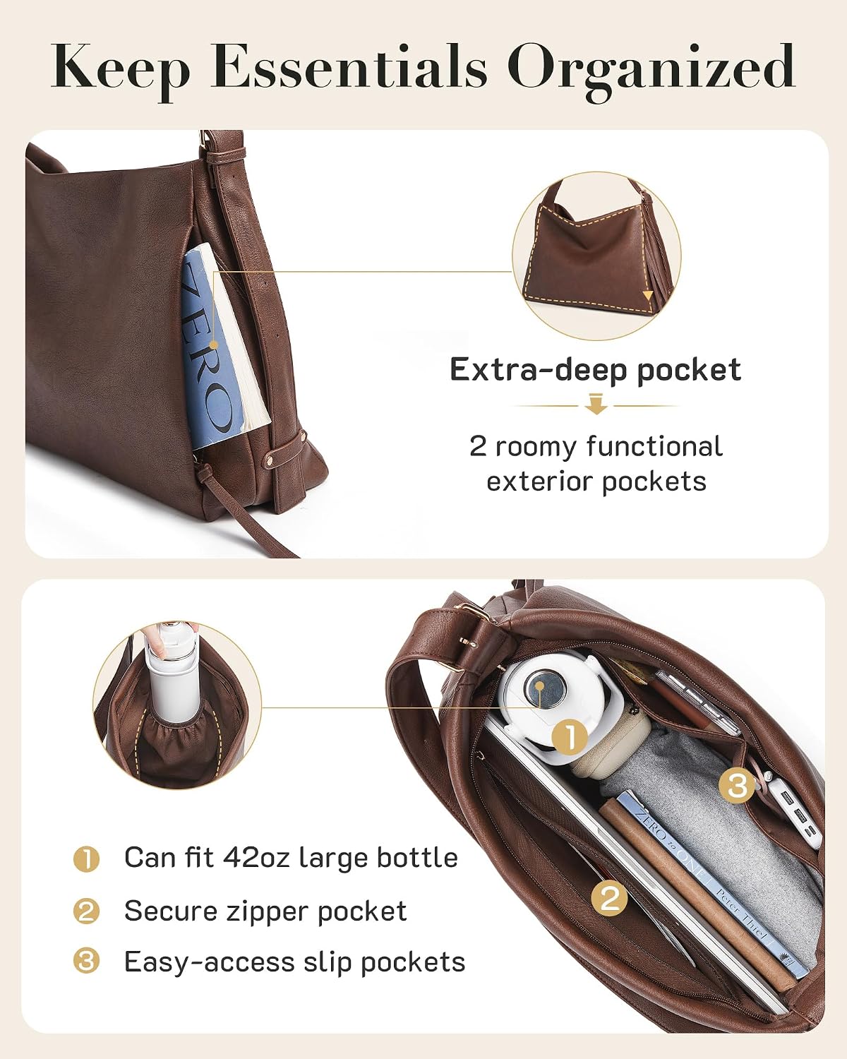 Missnine Bolso Hobo para mujer, bolso de mano de diseñador de cuero...