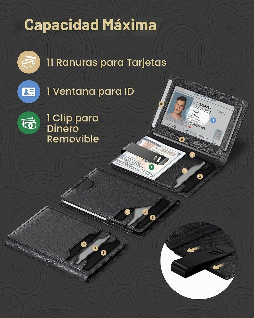 Cartera de cuero typecase para hombres con tarjetero, Negro, Minima...