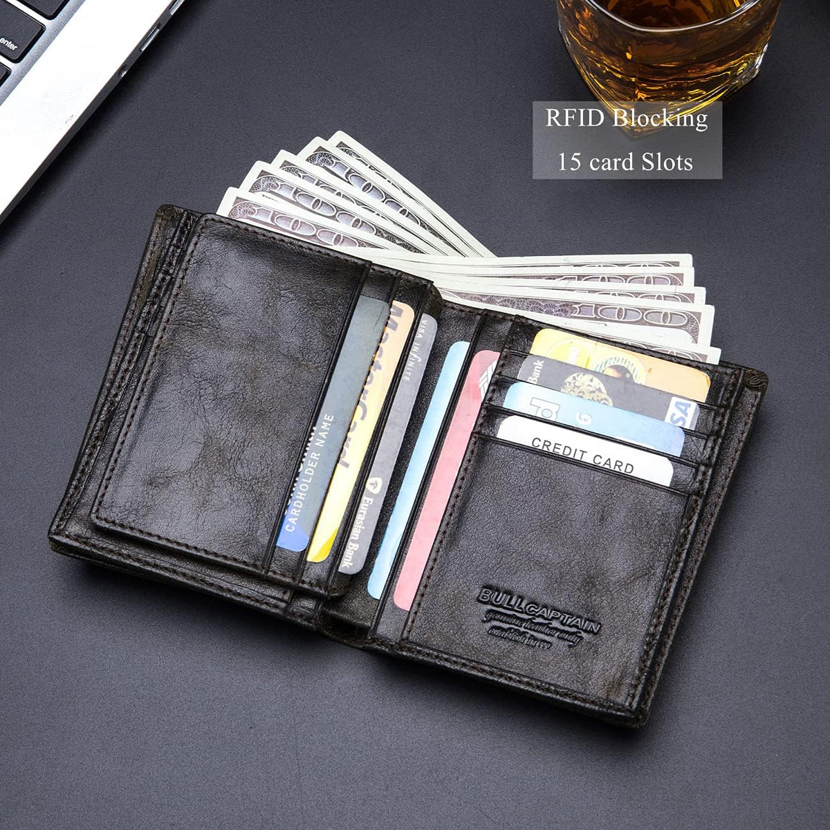 BULLCAPTAIN Cartera de cuero genuino plegable de gran capacidad par...