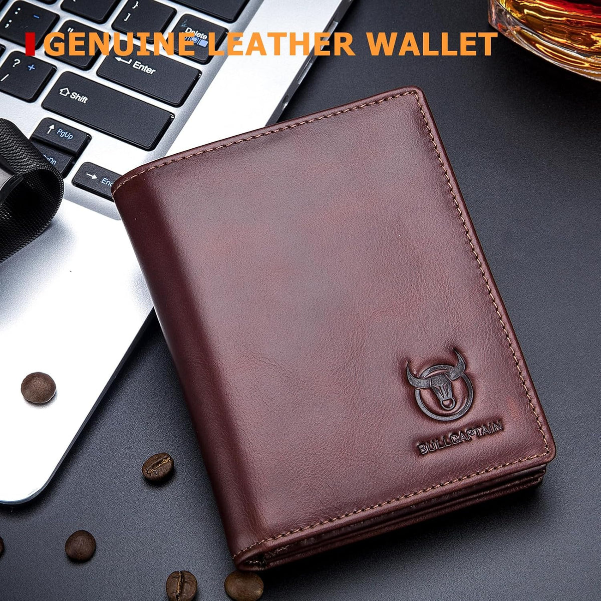 BULLCAPTAIN Cartera de cuero genuino plegable de gran capacidad par...